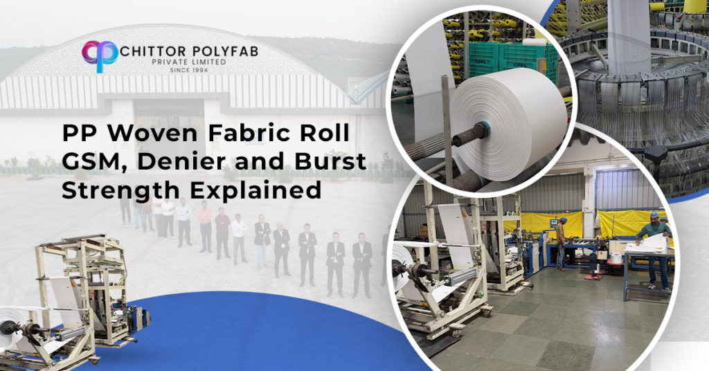 PP woven fabric roll and factory setup showcasing GSM, denier, and strength